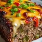 A sliced Philly Cheesesteak Meatloaf showing a melted cheese center and golden top.