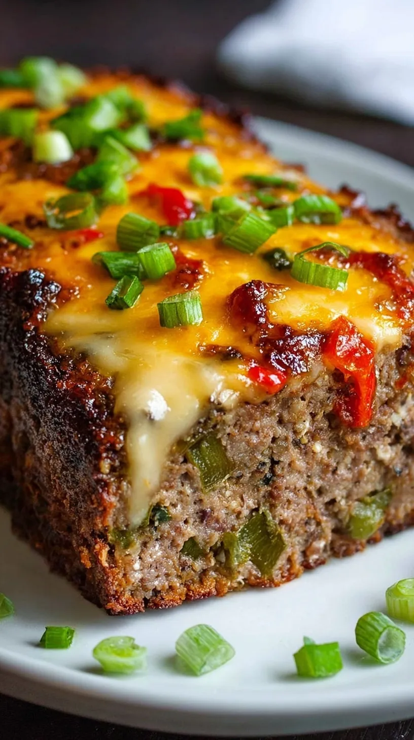 A sliced Philly Cheesesteak Meatloaf showing a melted cheese center and golden top.