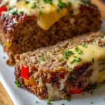 A sliced Philly Cheesesteak Meatloaf topped with melted provolone cheese and sautéed peppers on a baking sheet.