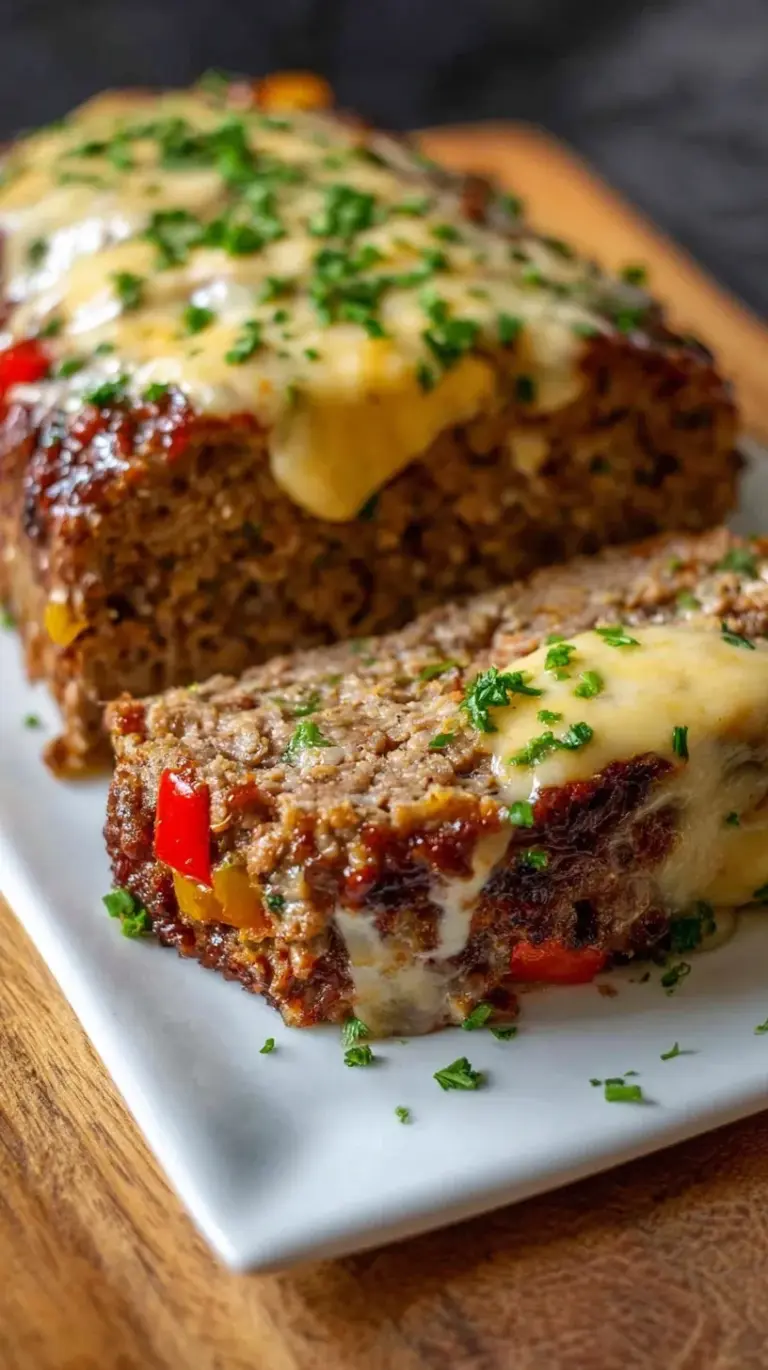 A sliced Philly Cheesesteak Meatloaf topped with melted provolone cheese and sautéed peppers on a baking sheet.