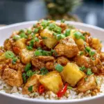 A bowl of fluffy white rice topped with golden pineapple chunks and tender chicken in a savory soy glaze.