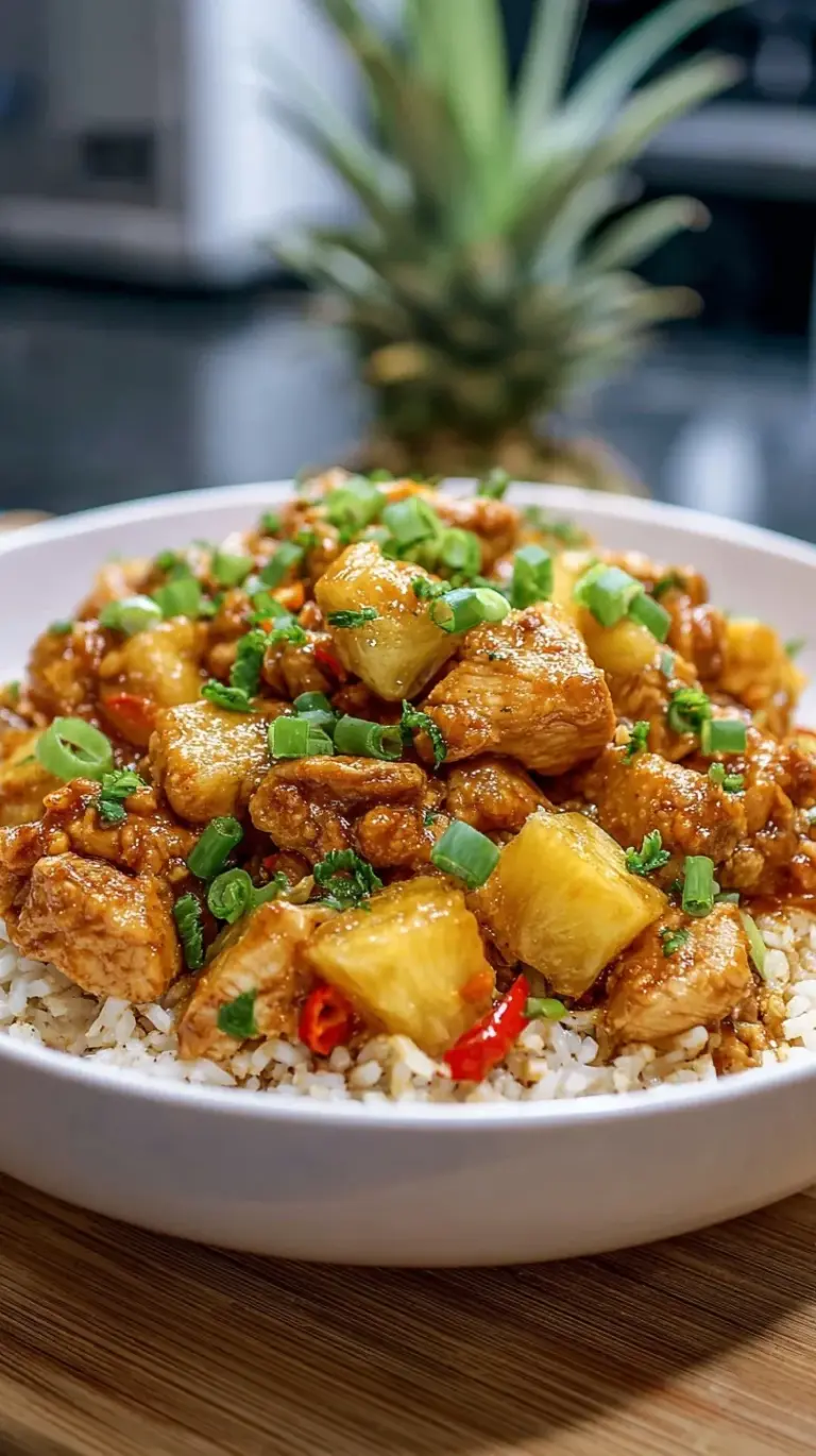 A bowl of fluffy white rice topped with golden pineapple chunks and tender chicken in a savory soy glaze.