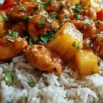 A skillet filled with golden chicken cubes, bright red peppers, and pineapple chunks mixed with jasmine rice.