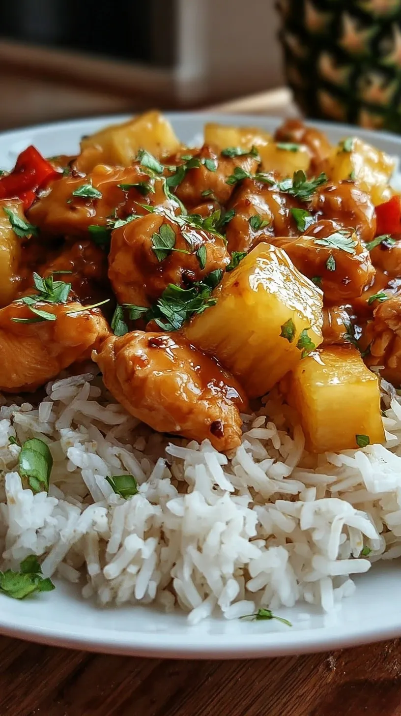 A skillet filled with golden chicken cubes, bright red peppers, and pineapple chunks mixed with jasmine rice.