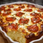 A bubbly, golden brown pizza style cottage cheese bake in a small cast iron skillet with melted mozzarella and pepperoni.