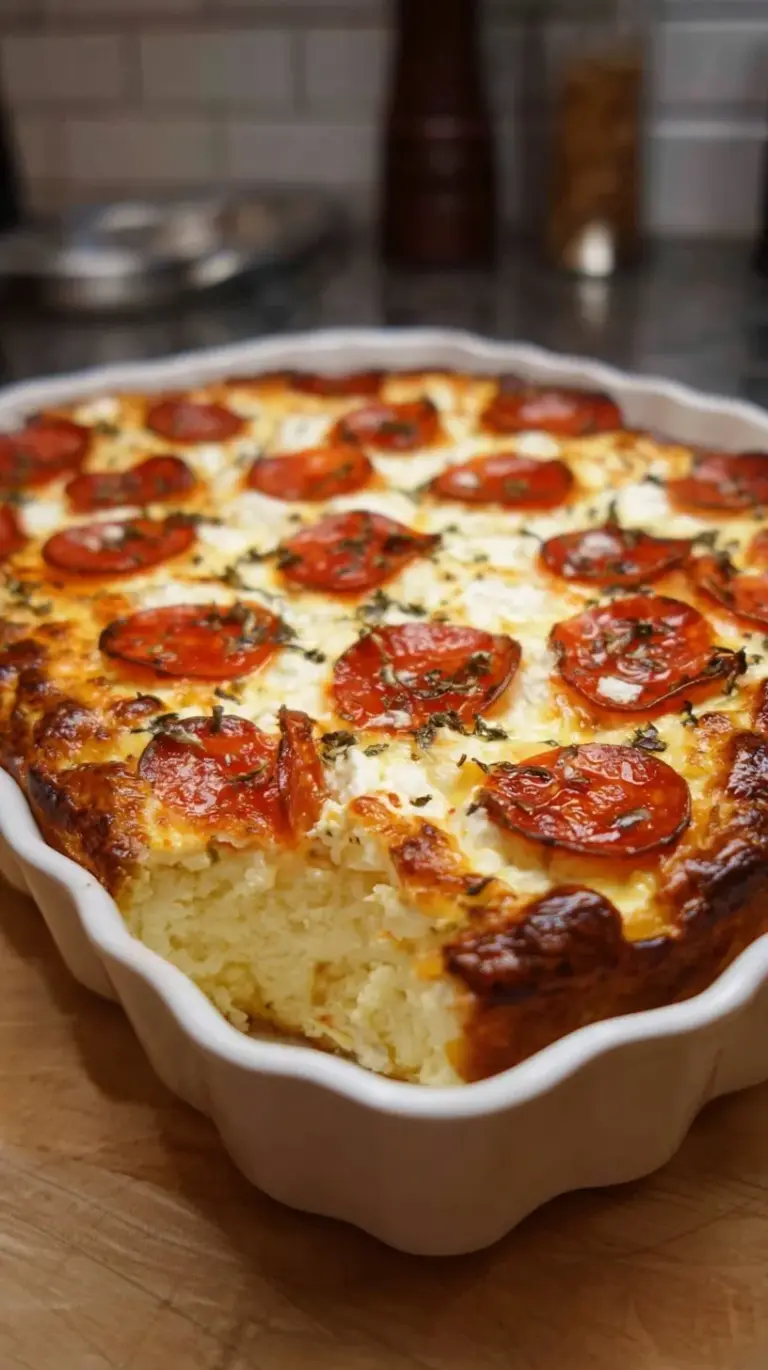 A bubbly, golden brown pizza style cottage cheese bake in a small cast iron skillet with melted mozzarella and pepperoni.