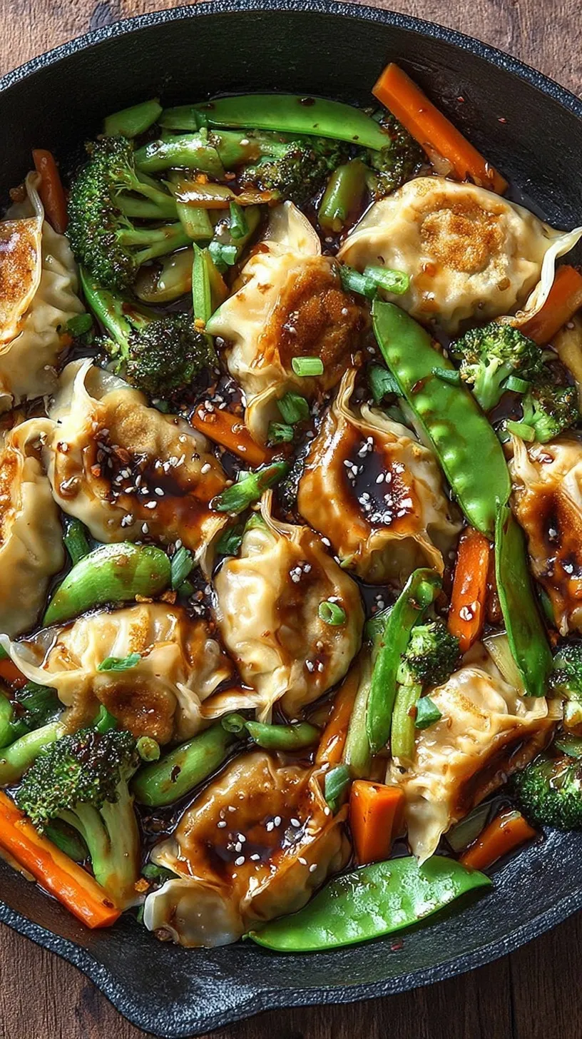 A large skillet filled with golden seared potstickers, browned ground turkey, and shredded cabbage in a savory sauce
