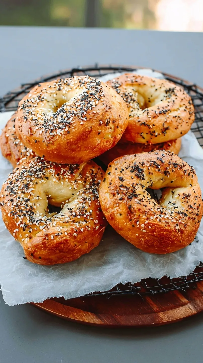 Golden brown air fryer protein bagels topped with everything bagel seasoning on a wire rack.