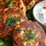 Golden brown savory cottage cheese patties stacked on a white plate with fresh herbs