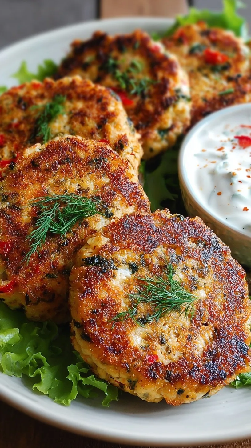 Golden brown savory cottage cheese patties stacked on a white plate with fresh herbs