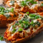 Roasted sweet potato halves stuffed with seasoned ground turkey, black beans, and melted cheese topped with Greek yogurt.
