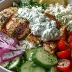 A colorful Greek Chicken Power Bowl with quinoa, grilled chicken, fresh vegetables, and creamy tzatziki sauce in a white bowl.
