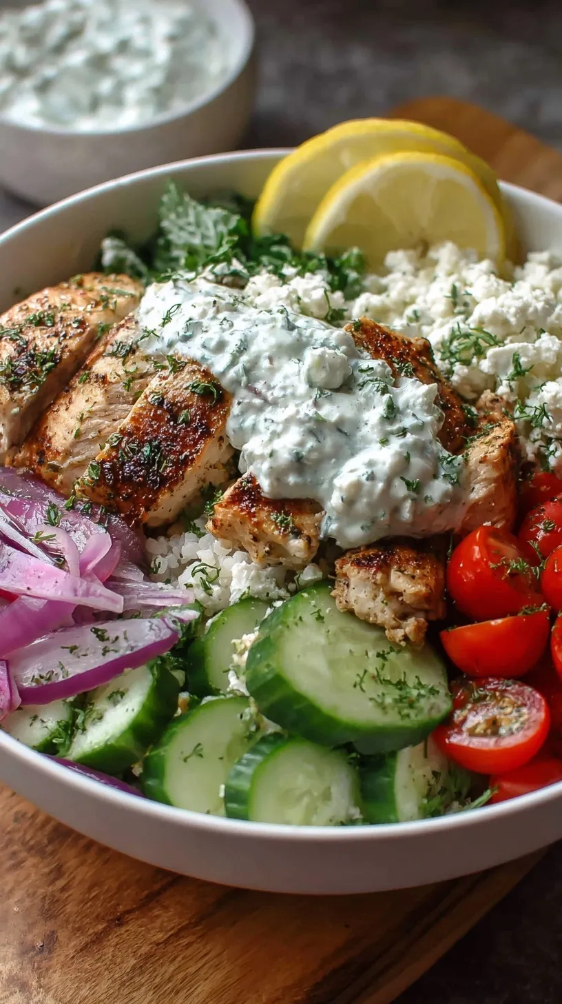 A colorful Greek Chicken Power Bowl with quinoa, grilled chicken, fresh vegetables, and creamy tzatziki sauce in a white bowl.