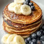 A stack of golden brown protein pancakes topped with fresh berries and a drizzle of syrup