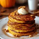 A stack of golden brown pumpkin spice pancakes topped with maple syrup and pecans