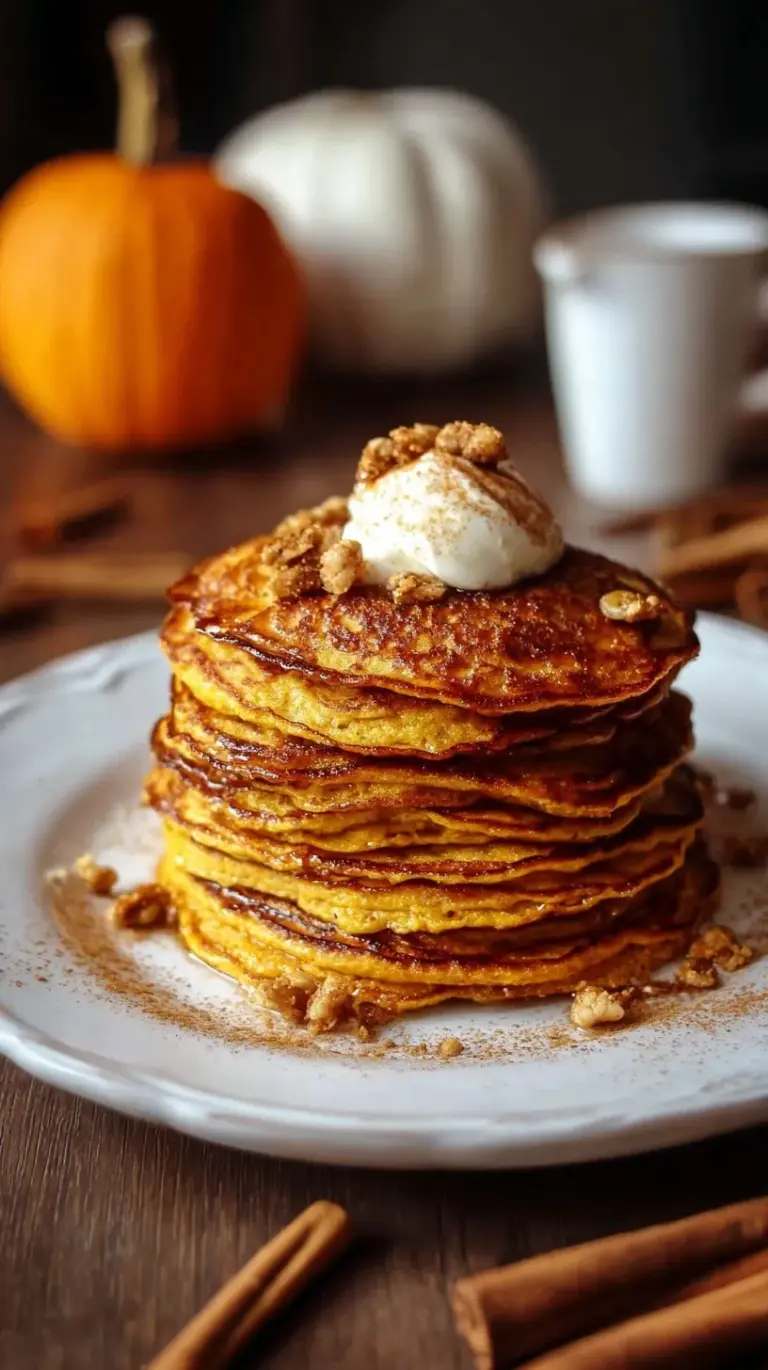 A stack of golden brown pumpkin spice pancakes topped with maple syrup and pecans