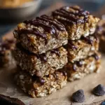 A stack of rectangular no-bake banana peanut butter oatmeal bars with mini dark chocolate chips on a parchment-lined tray.