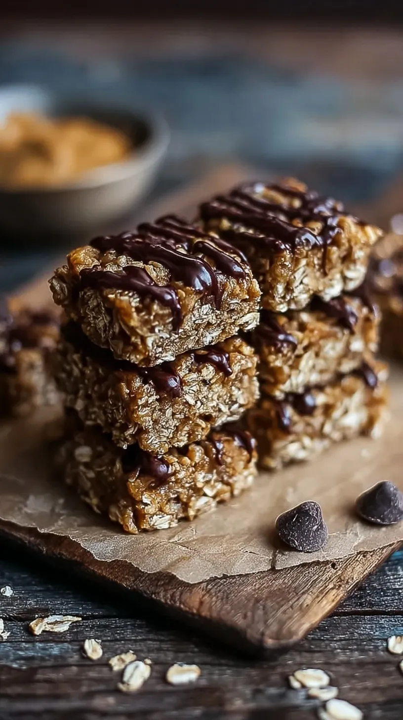 A stack of rectangular no-bake banana peanut butter oatmeal bars with mini dark chocolate chips on a parchment-lined tray.