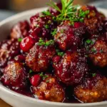 A white serving dish filled with glazed cranberry meatballs and toothpicks