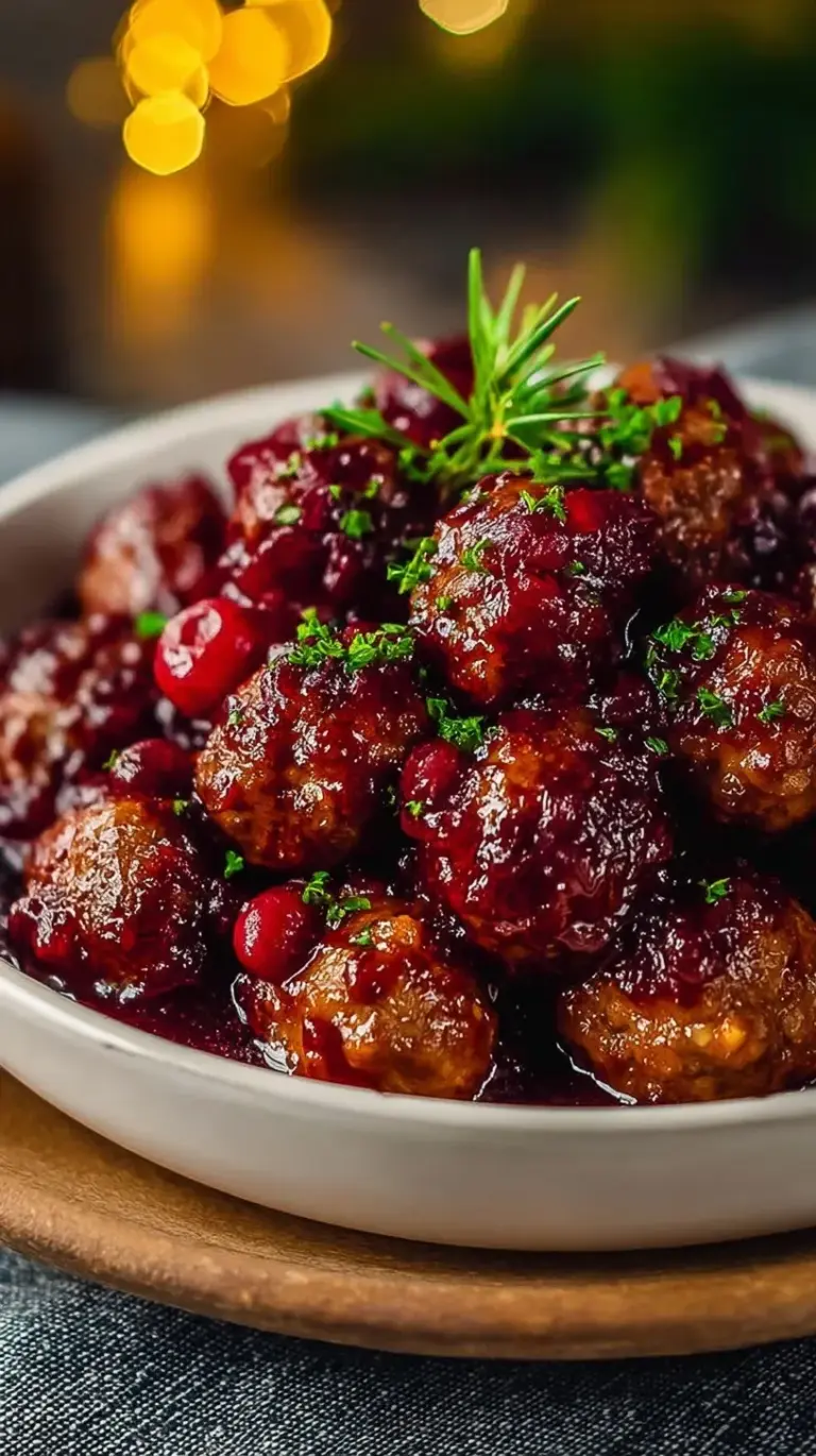 A white serving dish filled with glazed cranberry meatballs and toothpicks