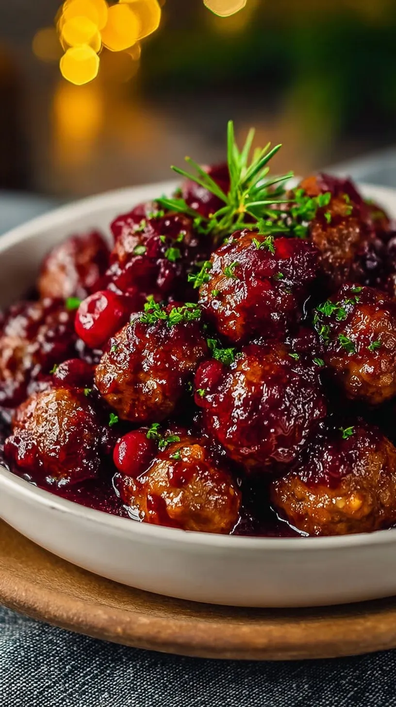 A white serving dish filled with glazed cranberry meatballs and toothpicks