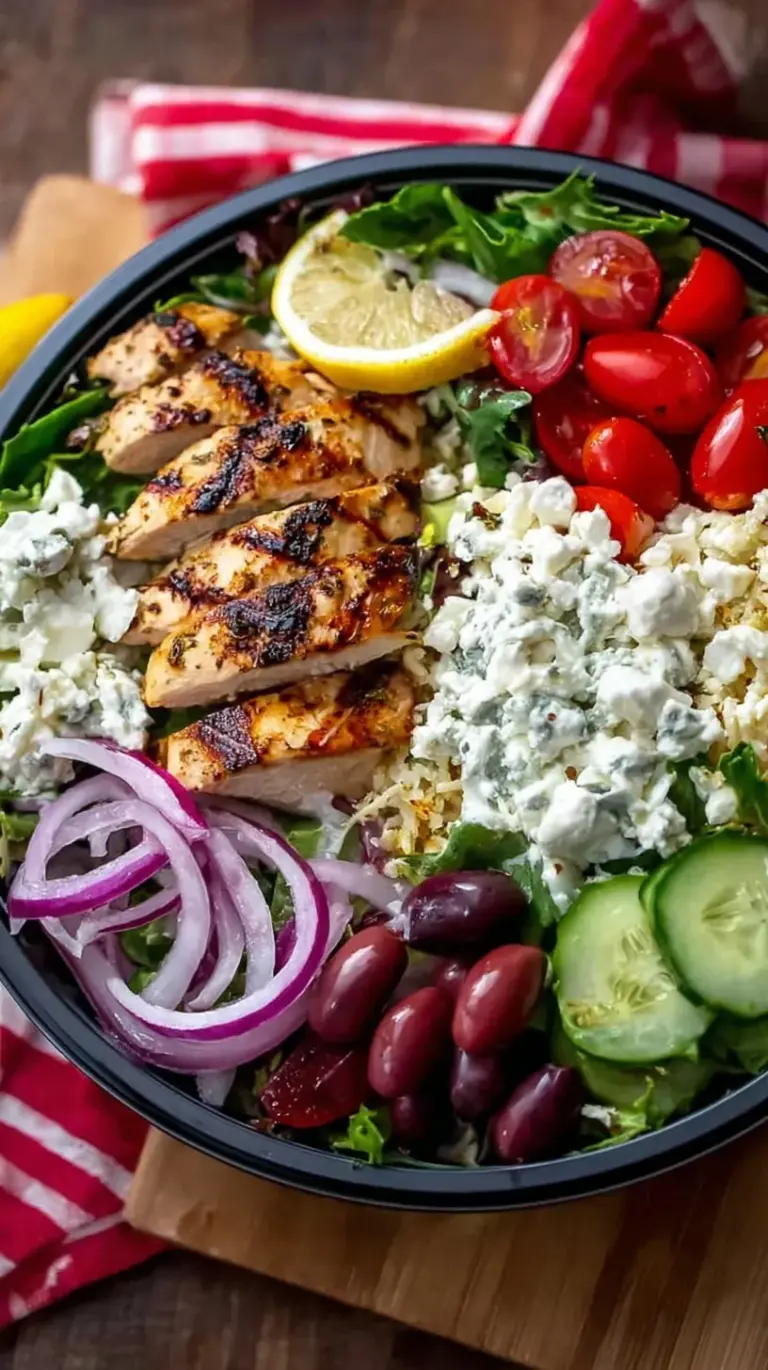 A vibrant Greek chicken bowl with quinoa, cucumbers, tomatoes, and feta cheese
