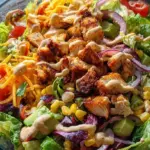 A vibrant Spicy Southwest Salad in a large bowl with black beans, corn, chicken, and crispy tortilla strips.