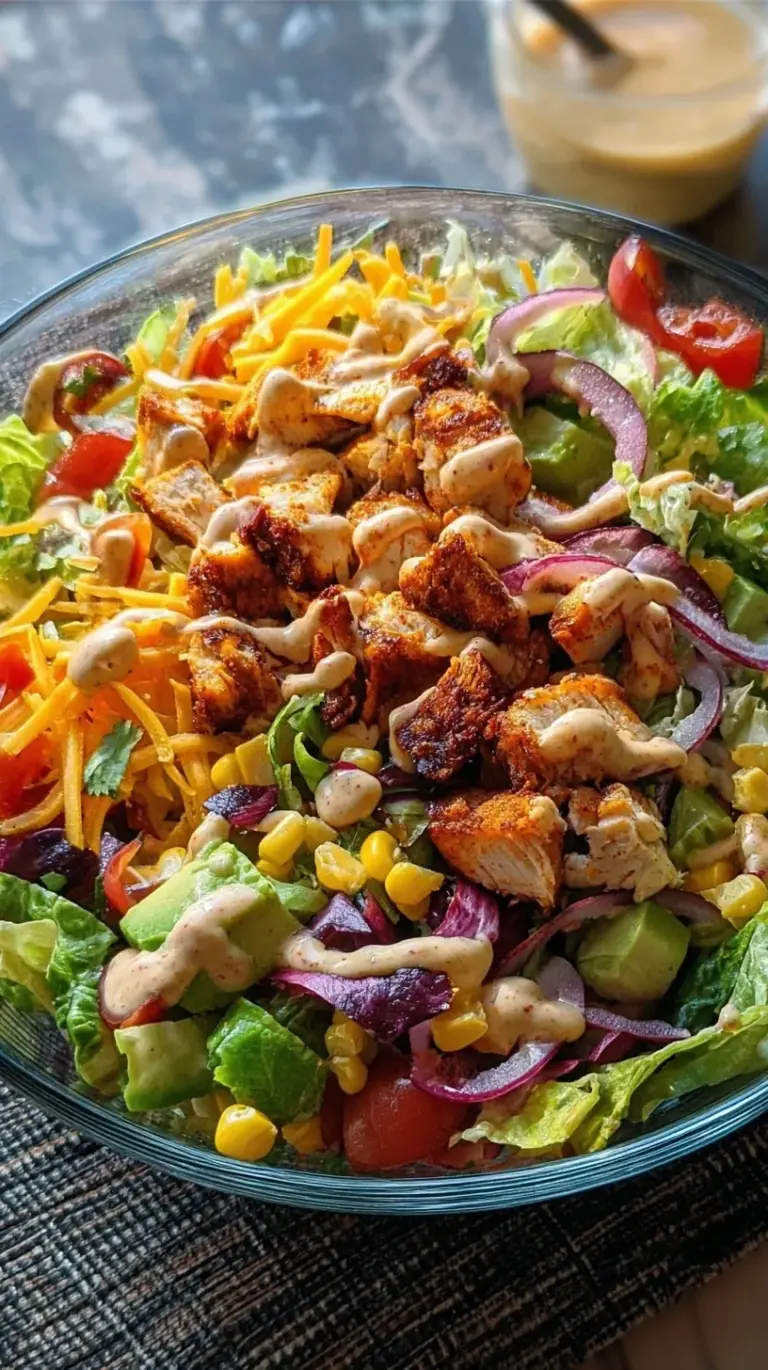 A vibrant Spicy Southwest Salad in a large bowl with black beans, corn, chicken, and crispy tortilla strips.