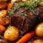 A tender beef chuck roast surrounded by carrots and potatoes in a rich red wine sauce.