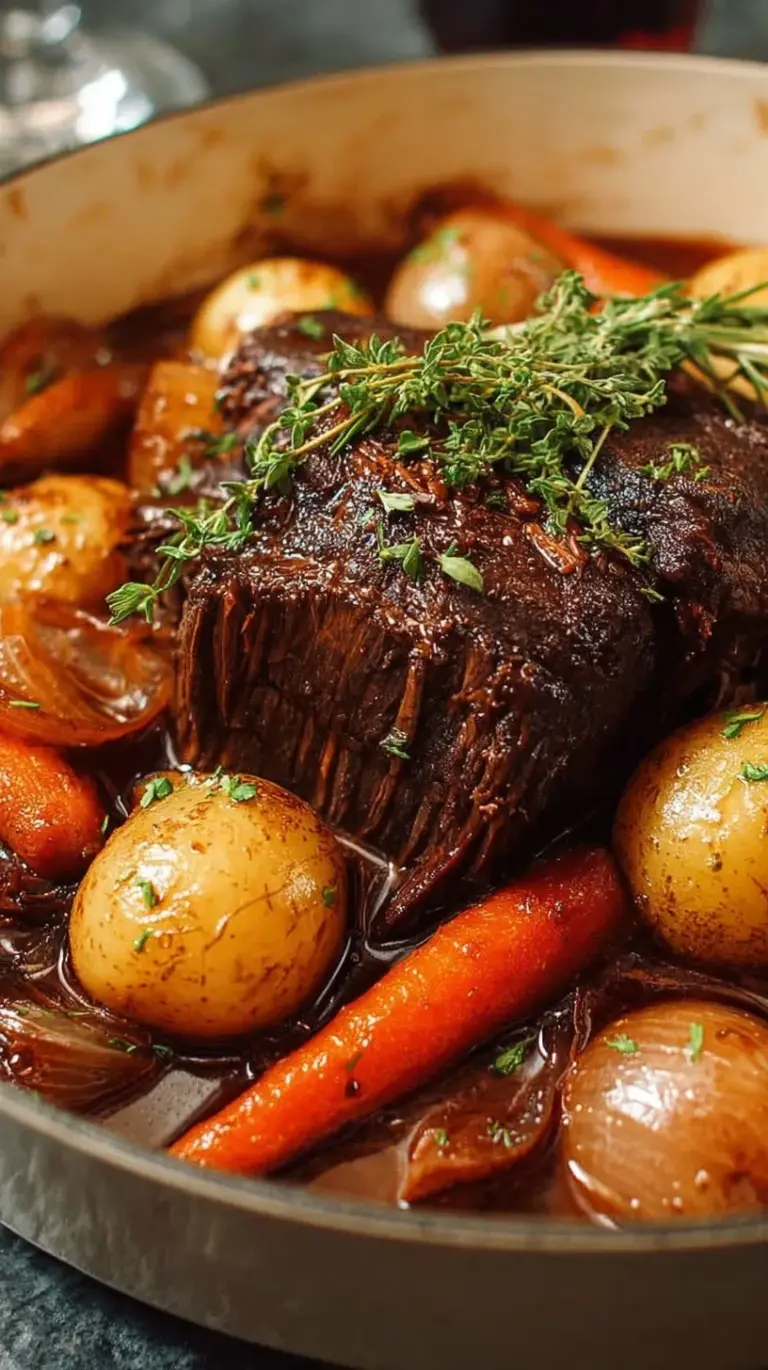 A tender beef chuck roast surrounded by carrots and potatoes in a rich red wine sauce.