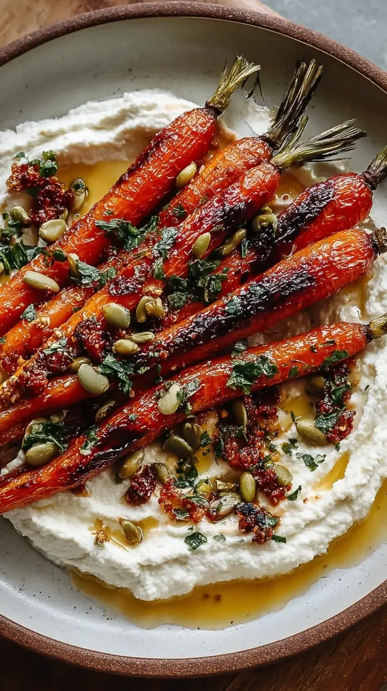 Oven roasted rainbow carrots served over creamy whipped ricotta with a drizzle of hot honey and crushed pistachios.