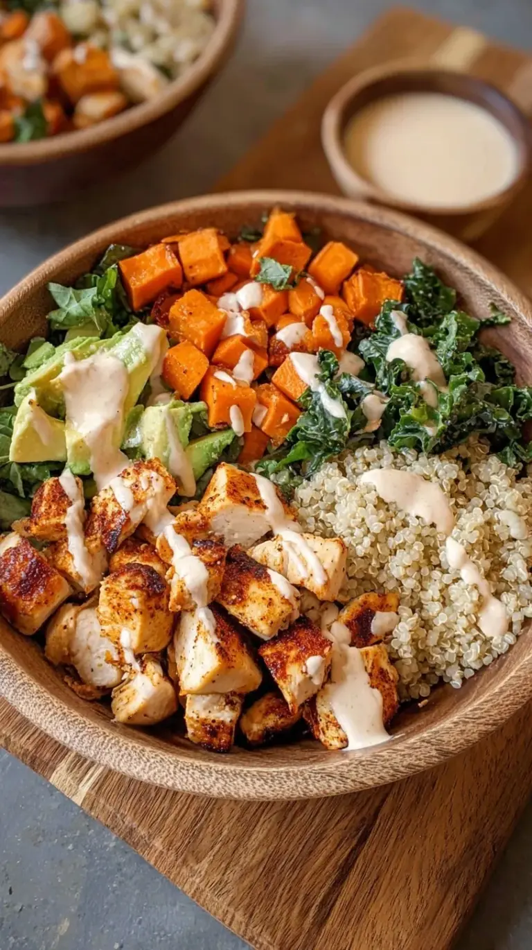 Four glass meal prep containers filled with roasted chicken, diced sweet potatoes, brown rice, and fresh baby spinach.