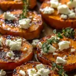 A tray of golden roasted sweet potato rounds topped with white feta cheese, honey drizzle, and fresh green thyme.