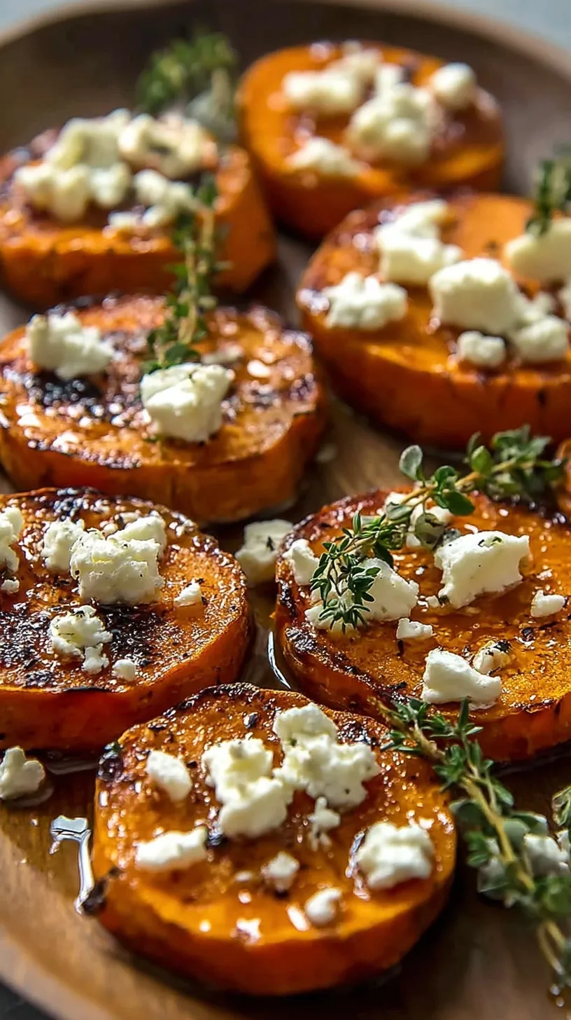 A tray of golden roasted sweet potato rounds topped with white feta cheese, honey drizzle, and fresh green thyme.