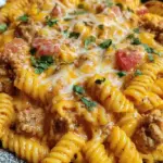 A creamy one-pot rotini pasta with ground beef, black beans, corn, and melted cheddar cheese in a large dutch oven.