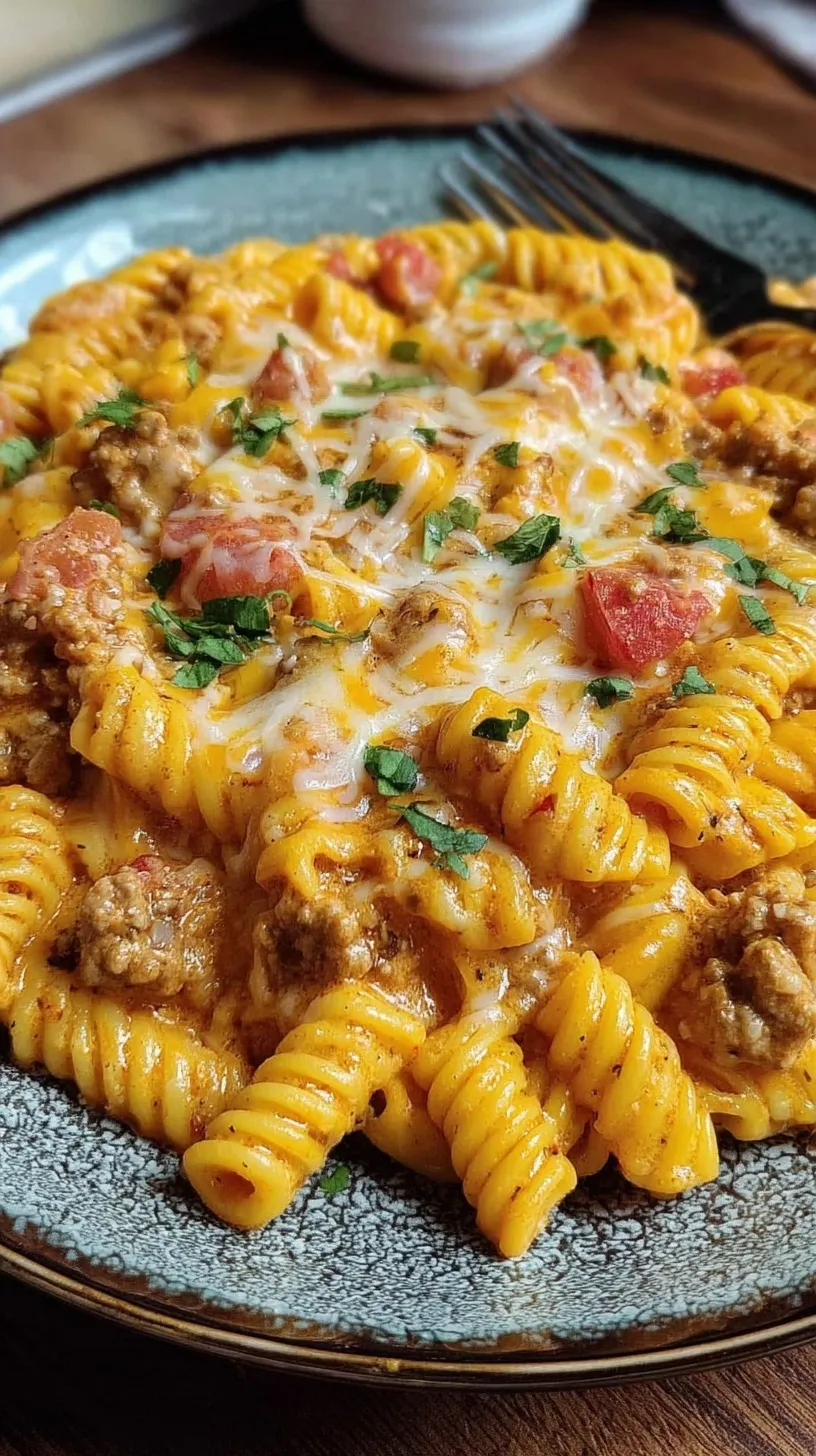 A creamy one-pot rotini pasta with ground beef, black beans, corn, and melted cheddar cheese in a large dutch oven.