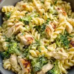 A bowl of whole wheat pasta with shredded chicken, green broccoli, and parmesan cheese.