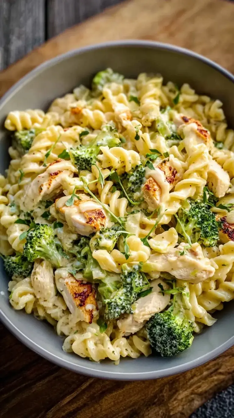 A bowl of whole wheat pasta with shredded chicken, green broccoli, and parmesan cheese.