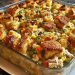 A golden brown rotisserie chicken stuffing casserole in a baking dish with peas and carrots.