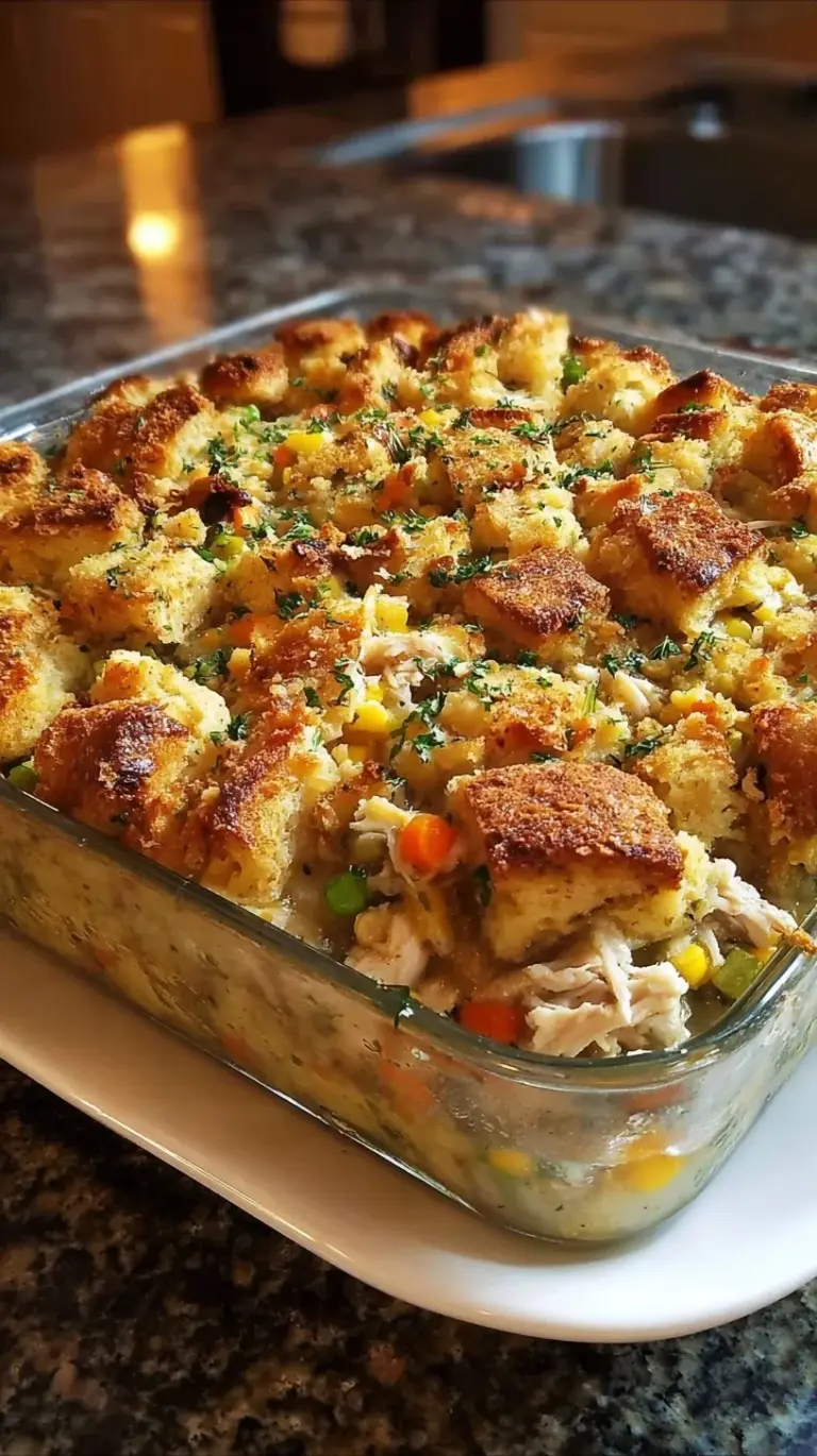 A golden brown rotisserie chicken stuffing casserole in a baking dish with peas and carrots.