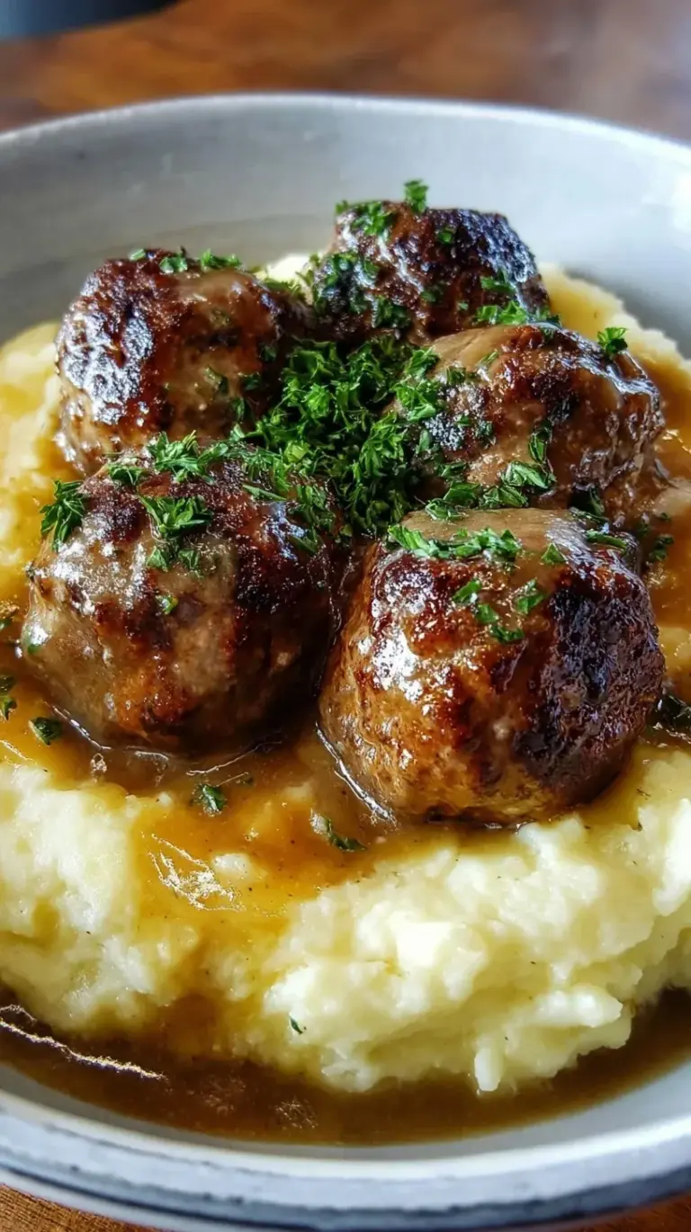 Juicy Salisbury Steak Meatballs smothered in brown mushroom gravy over creamy garlic mashed potatoes