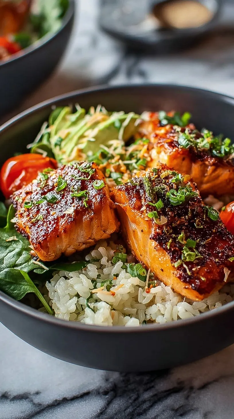 A vibrant salmon rice bowl topped with sliced avocado, fresh cucumber, and sesame seeds served with nori squares.