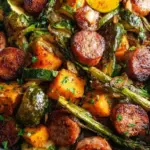 A colorful skillet filled with browned sausage slices, zucchini, and peppers served over a bed of quinoa.