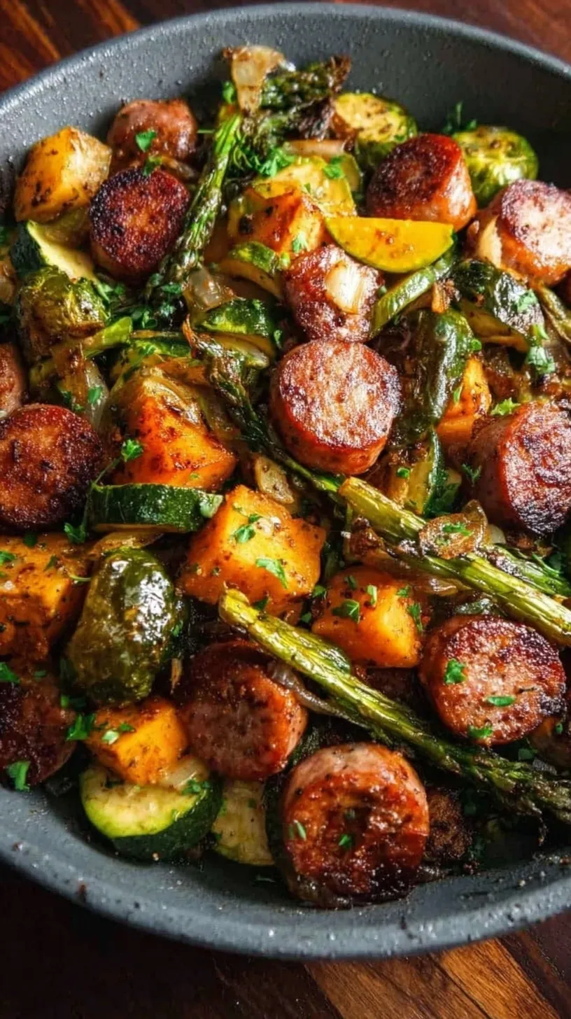 A colorful skillet filled with browned sausage slices, zucchini, and peppers served over a bed of quinoa.