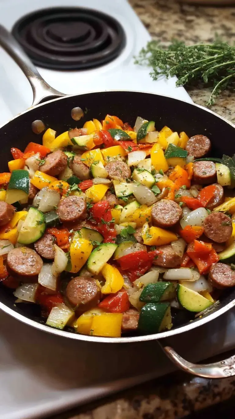 A colorful skillet filled with browned smoked sausage, red and green bell peppers, onions, and zucchini.