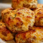 Close up of golden brown Sausage Cheese Butter Swim Biscuits in a baking dish with melted cheese.
