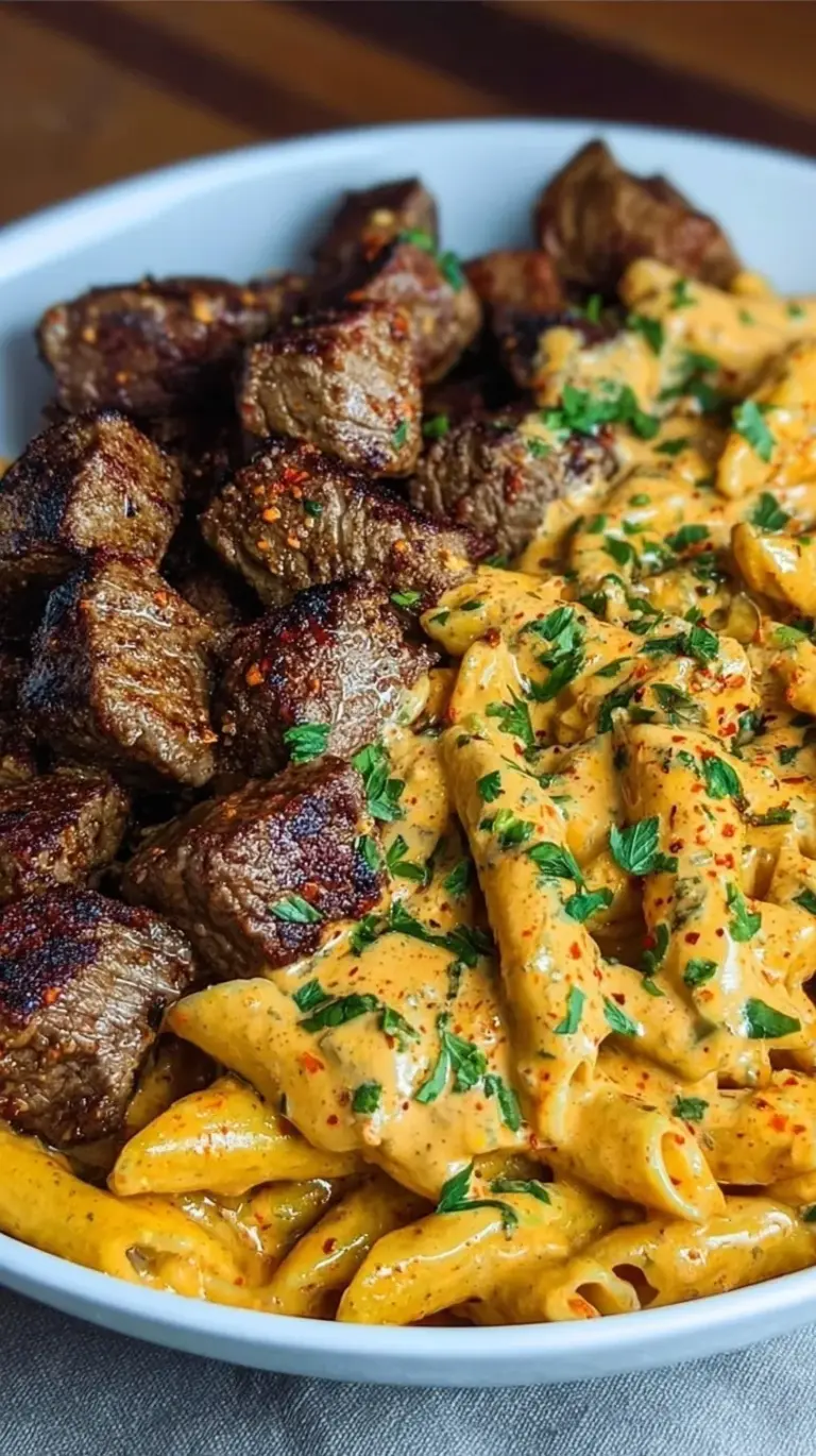 Seared Cajun steak tips served over creamy cheesy penne pasta with fresh parsley