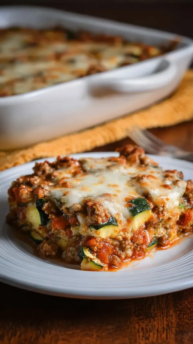 A bubbling 9x13 baking dish filled with layers of zucchini, savory ground turkey, and melted golden mozzarella cheese.