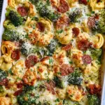 A sheet pan filled with golden roasted cheese tortellini, green broccoli florets, and cubed chicken breast.