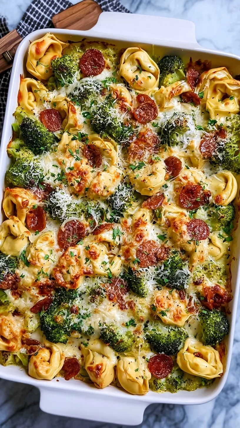 A sheet pan filled with golden roasted cheese tortellini, green broccoli florets, and cubed chicken breast.